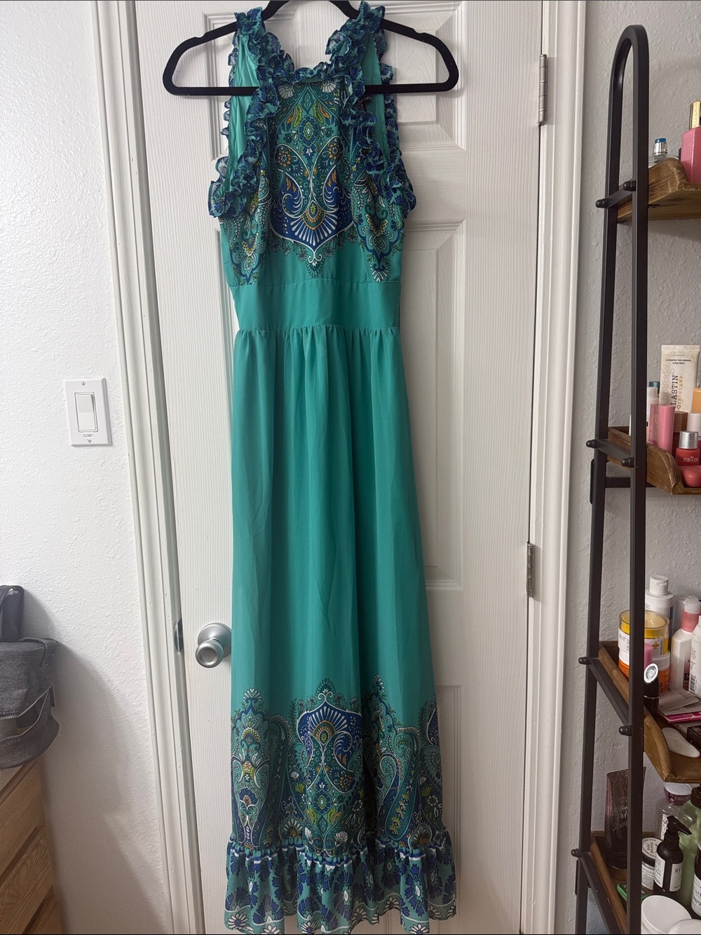 Boston Proper Teal Paisley Halter Maxi Dress